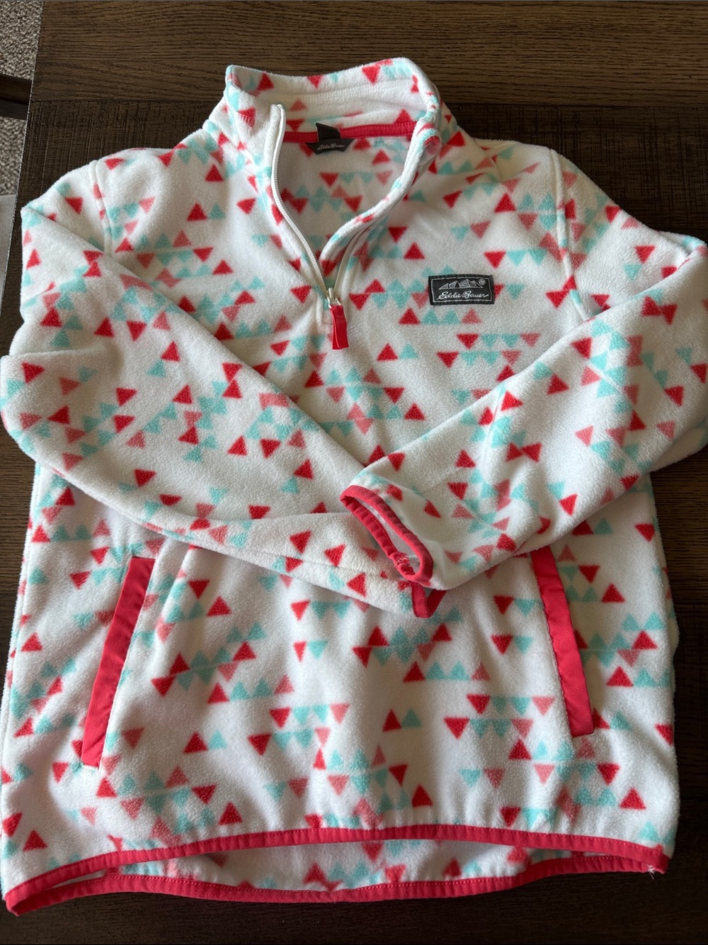 Eddie Bauer White Fleece Pullover with Pink & Aqua Triangle Print